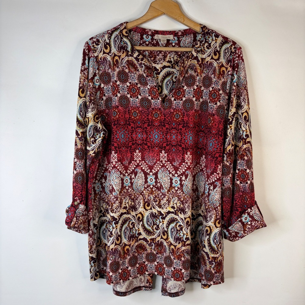 C.J. Banks Tunic Top Women 1X Burgundy Red Paisley Roll Tab Split Back